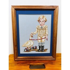 Vintage Victorian Boy with Country Goose Cross Stitch Matted Framed Art